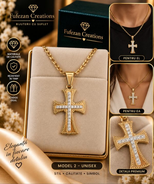 Colier Unisex cu Cruce și Zirconiu – Oțel Inoxidabil Placat cu Aur