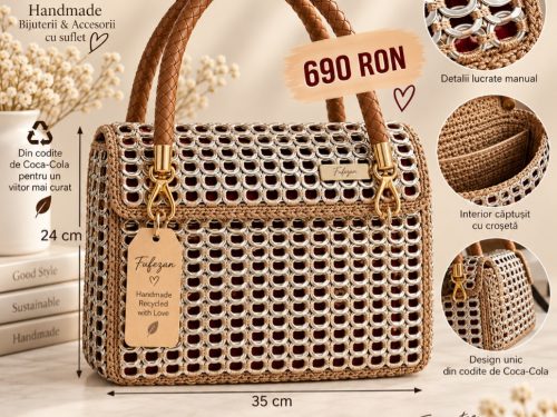 Geantă handmade Fufezan din cheițe Coca-Cola – model brevetat, 35 × 24 cm