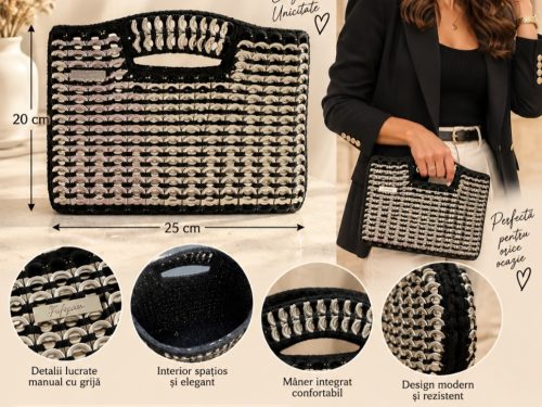 Geantă handmade din cheițe de doze reciclate – Negru & Argintiu