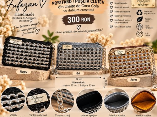 Portfard / Poșetă Clutch Fufezan – handmade din cheițe de Coca-Cola – model brevetat