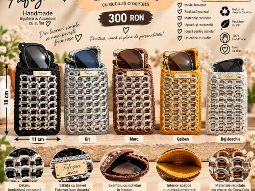 Husă pentru ochelari Fufezan – handmade din cheițe de Coca-Cola – model brevetat