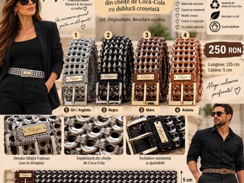 Curea unisex handmade Fufezan din cheițe de Coca-Cola – model brevetat – 125 cm