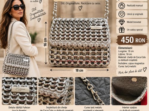 Poșetă handmade Fufezan din cheițe de Coca-Cola – model brevetat – 18 × 16 cm