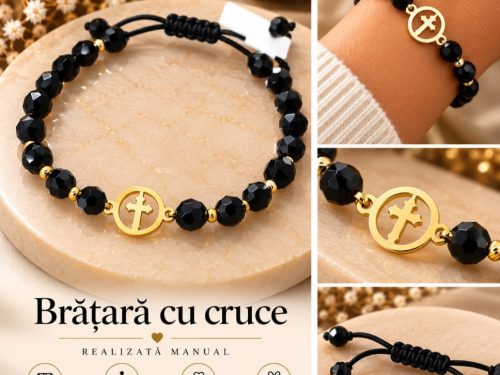 Brățară handmade cu onix fațetat, biluțe și cruce din aur – reglabilă
