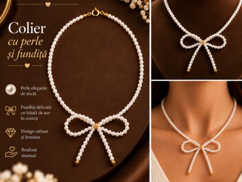 Colier handmade cu perle și fundiță cu biluță din aur